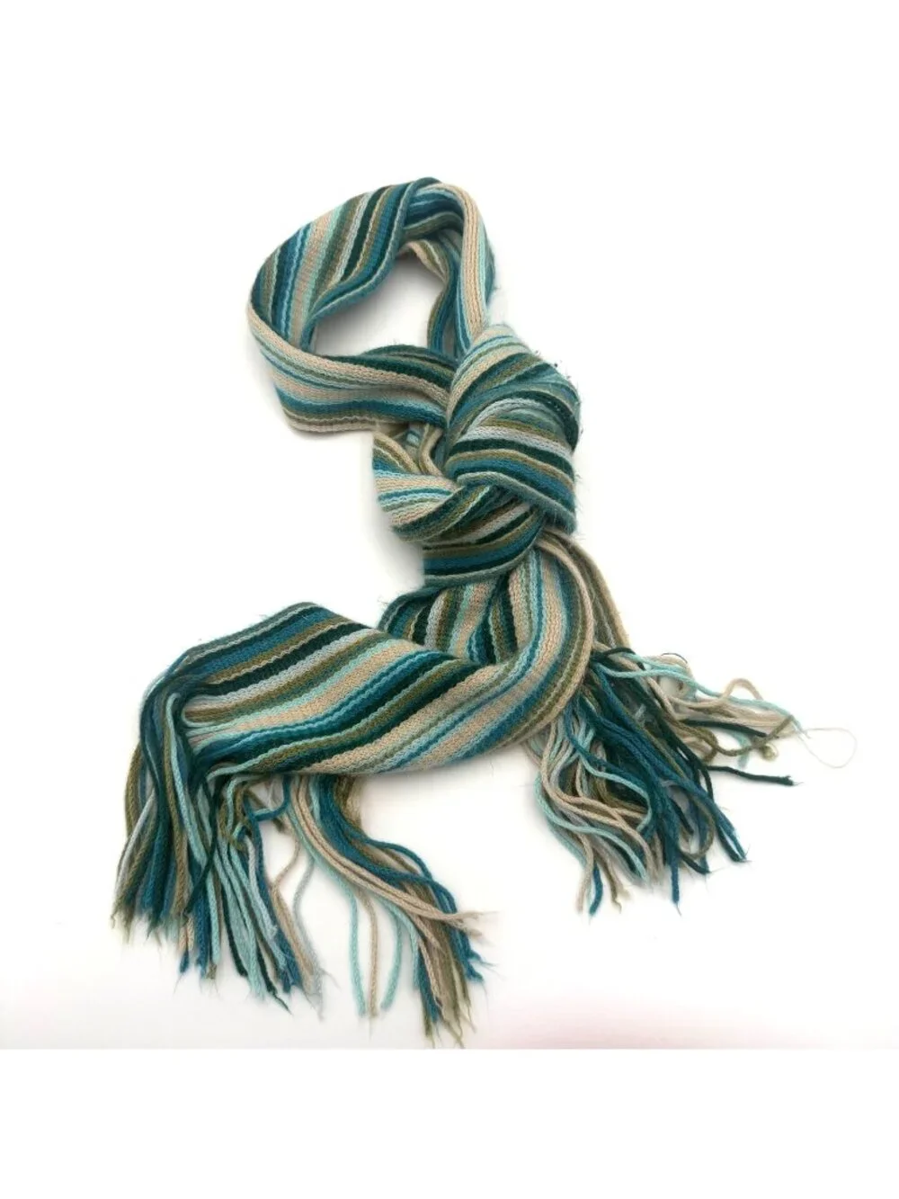 Striped Knit Fringe Winter Scarf Blue Green Cream Soft Cozy Scarf